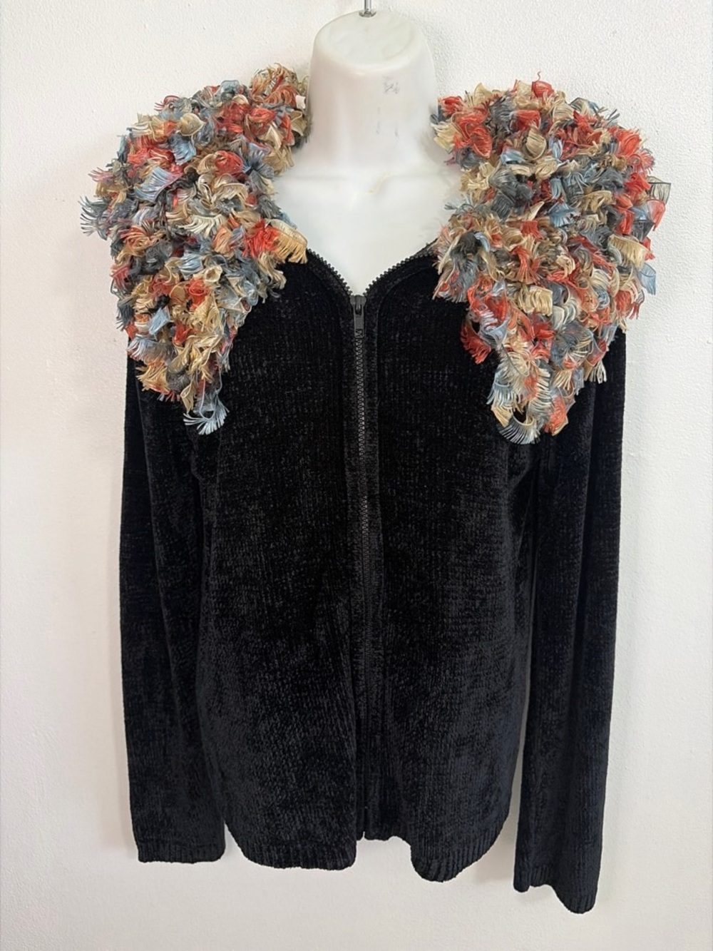 Radzoli Vintage Y2K Black Chenille Fringe Jacket M